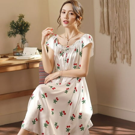 

QWZNDZGR Brand 4XL Faux Silk Female Sexy Spaghetti Strap Ladies Nightwear Floral Dress Elegant Womens Satin Nightgowns Night Sleepshirts