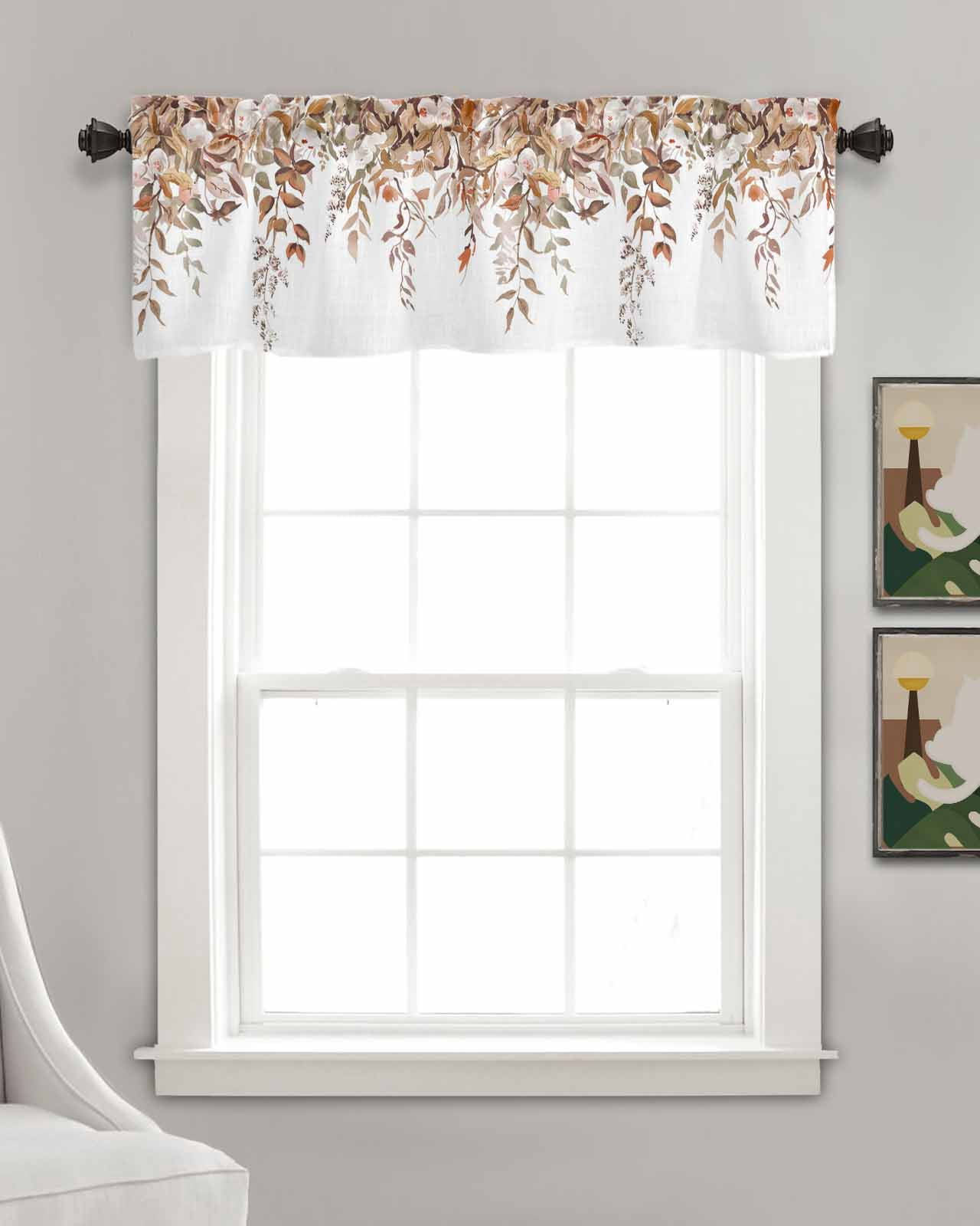 Autumn Floral Kitchen Valances for Windows Farmhouse Linen Window Valance Curtain for Living Room Window Treatment Farmhouse Vintage Botanical Leaves Valance Rod Pocket Topper Drape, 60 x 18 Inch