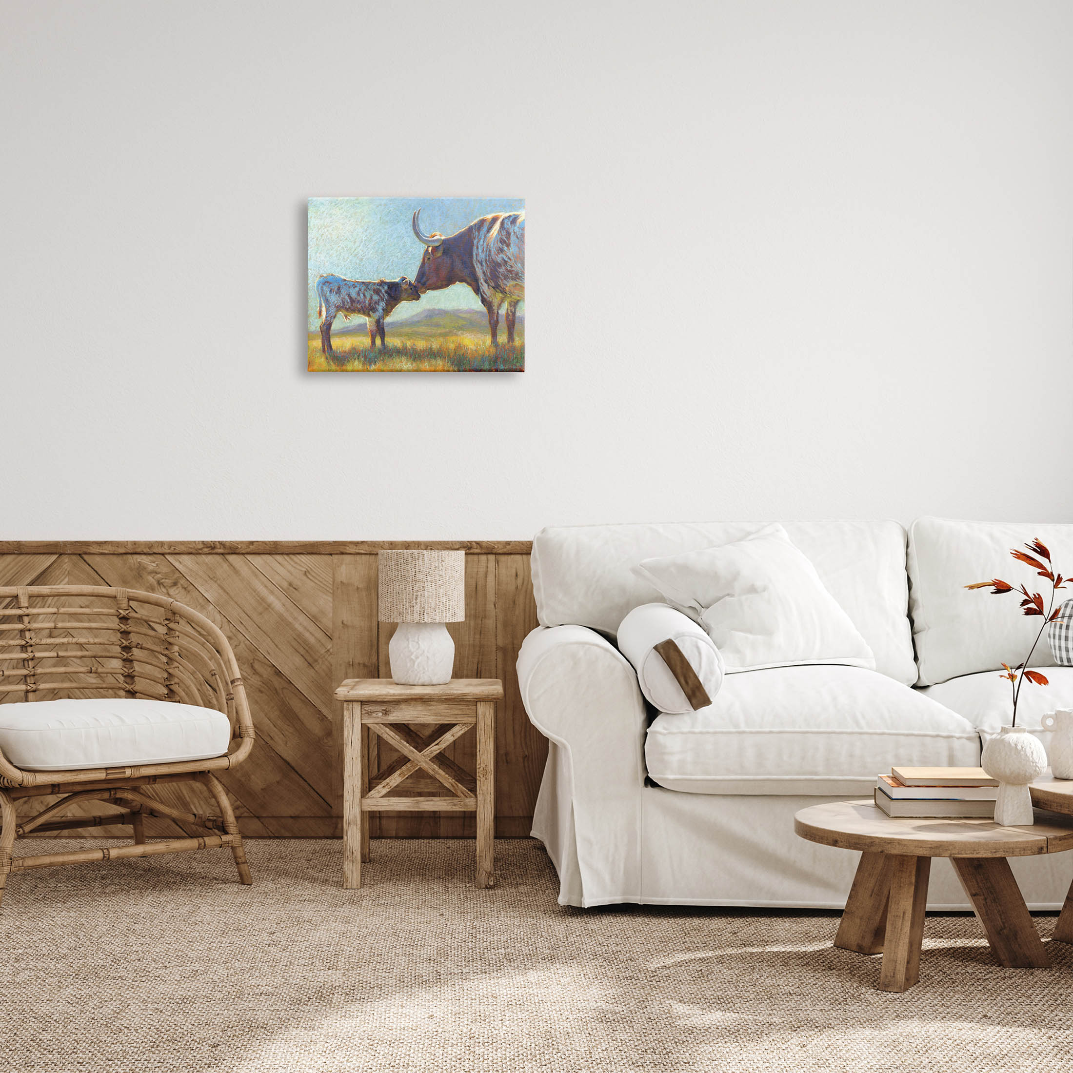 Mother Cattle Calf Sunlit Farm Animals & Insects Painting Gallery Wrapped Canvas Print Wall Art