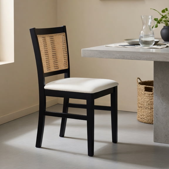 GVN Farmhouse Dining Chairs Set of 2 with Rattan Cane Back and Rubber Wood Legs, Kitchen Seating for Dining Room, Patio, Beige