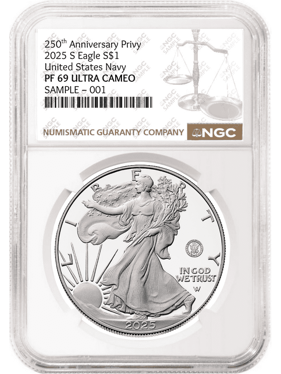 2025 S Silver Eagle Navy 250th Anniversary Privy NGC PF69 Brown
