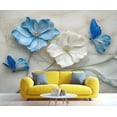 thumbnail image 2 of Relief White Flowers Mural Wallpaper, Blue Butterfly Wall Mural, Marble 3D Murals, Modern Light Luxury Marble Texture Large Wallpaper For Living Room Bedroom 55"W x 28"H (Not Peel and Stick), 2 of 6