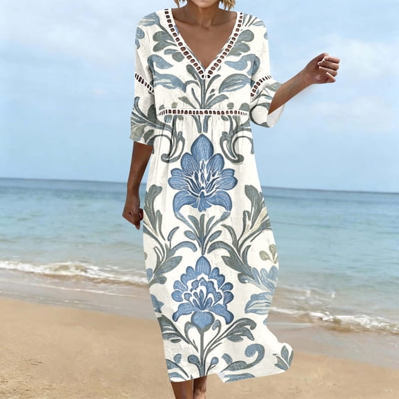 QUNYINEY Midi Womens Dresses Beach Summer Vintage 3/4 Sleeve A Line Dress Vacation Loose Fit V Neck Dresses