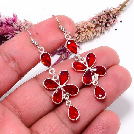 Red Garnet Gemstone 925 Sterling Silver Handmade Earring 2.26" E310
