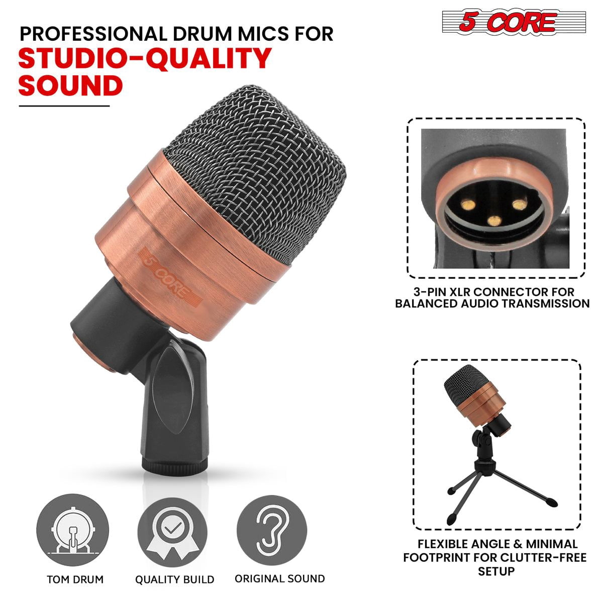 Tabla Mic XLR Wired Uni Directional Snare Tom Kick Instrument Microphone with Dynamic Moving Coil Swivel Mount Steel Mesh Grille Included Mini Tripod Rim Mount - Tabla MIC 2XP COPPER