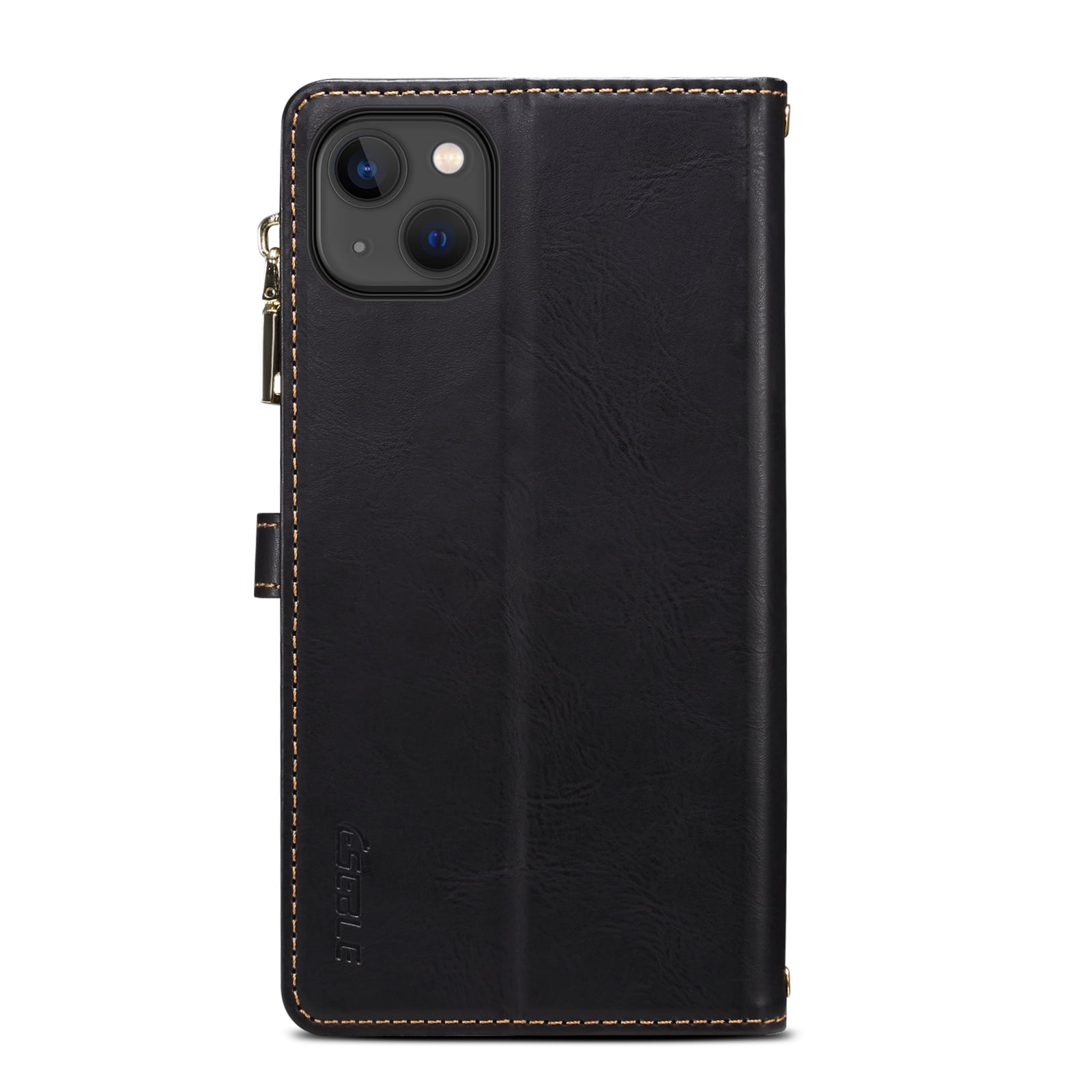 Dteck Wallet Case for iPhone 13 6.1 Inch, Leaf Pattern Luxury PU Leather RFID Blocking Card Slots Holder Zipper Pocket Flip Case with Kickstand Magnetic Crossbody Strap Phone Cover,Black