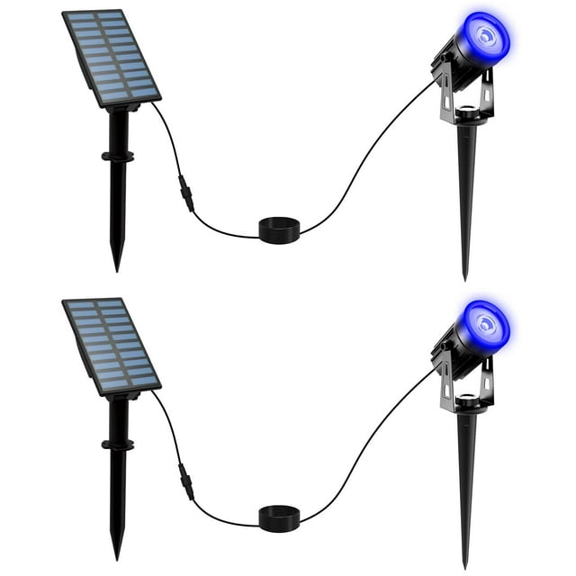 T-SUNUS 2 Pack Solar Landscape Spotlights - Blue, Waterproof Garden Spot Lights with 9.8ft Cable, 2000mAh Solar Panel, Auto On/Off for Garden, Driveway, Pathway, Pool Area