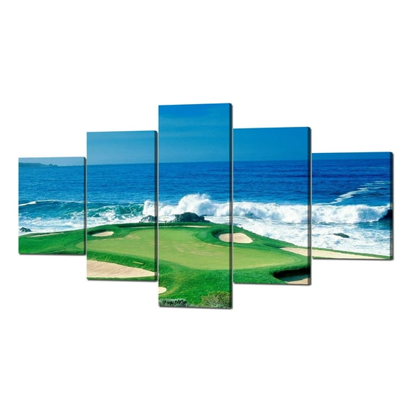 Pebble Beach Golf Course-California, USA Wall Art Canvas Prints Wall Decor Picture 5 Panel Blue Sky Sea Golf Course Coast Decorations for Home Office Framed Stretched Ready to Hang(60''Wx32''H)