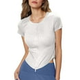 thumbnail image 2 of ZHYou Womens Zip Up Short Sleeve Tops,Active Slim Fit Stretchy Knit Ribbed Tees Round Neck Sport T-Shirts,White,S, 2 of 5