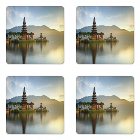 

Balinese Coaster Set of 4 Pura Ulun Danu Building Panorama Sunrise on Lake Bratan Bali Indonesia Waterscape Square Hardboard Gloss Coasters Standard Size Beige Brown by Ambesonne