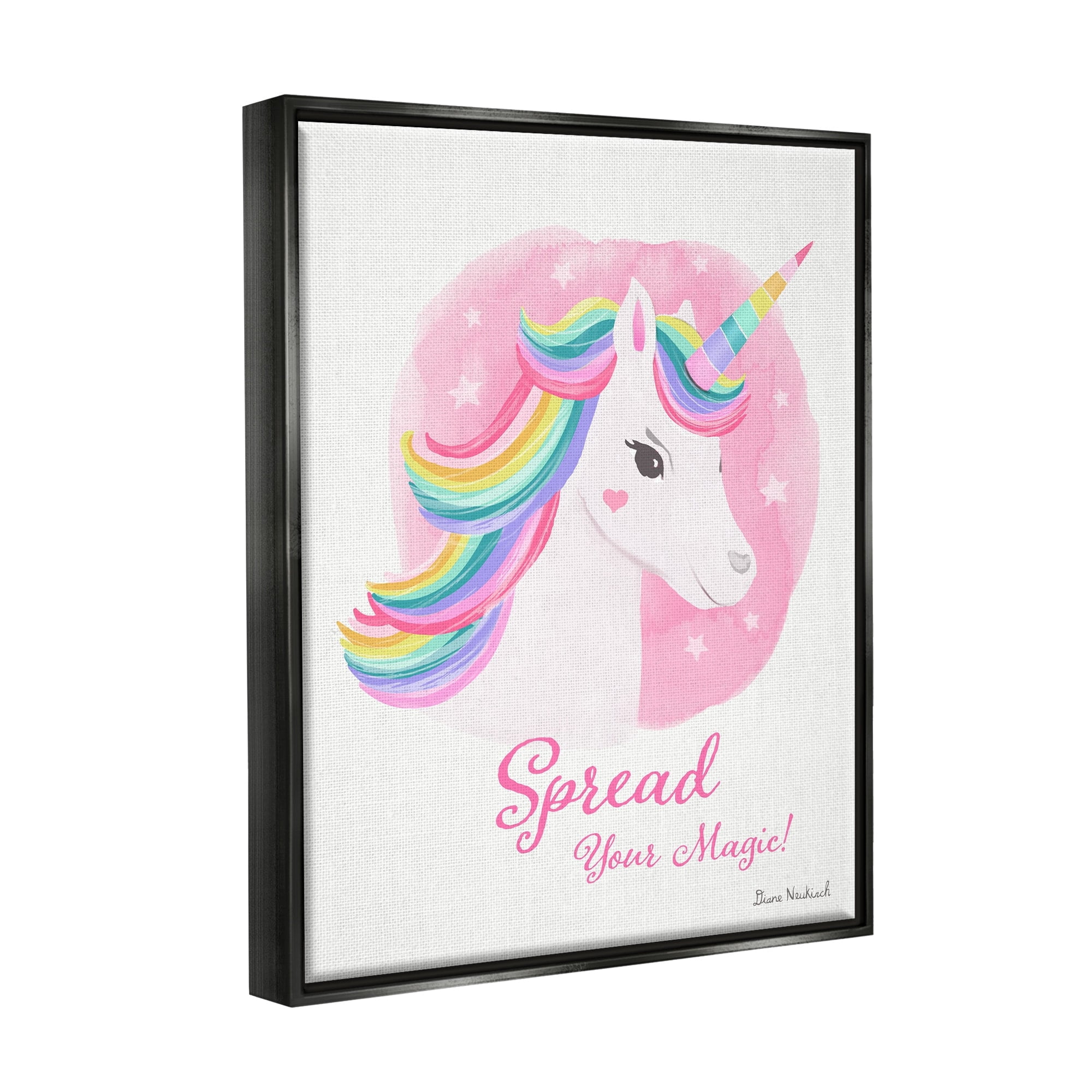 Stupell Industries Spread Your Magic Fantasy Rainbow Unicorn Mane Graphic Art Jet Black Floating Framed Canvas Print Wall Art, Design by Diane Neukirch