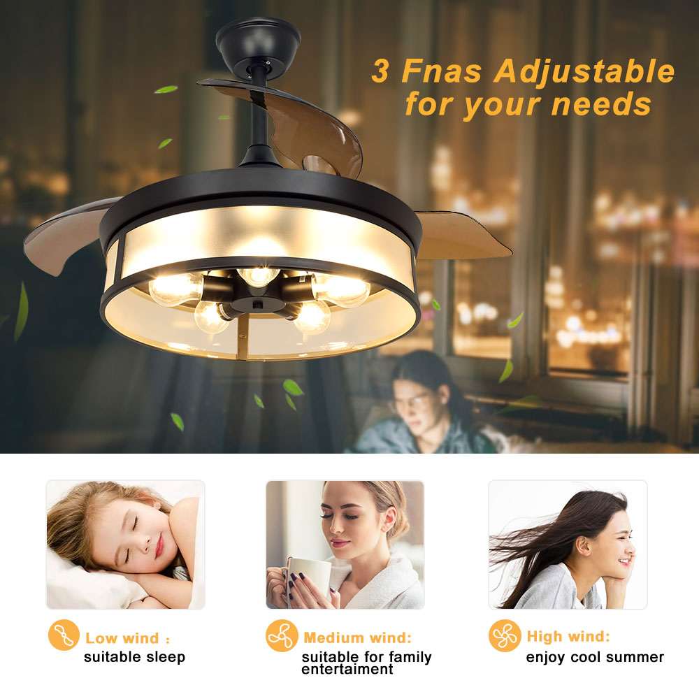 DingLiLighting Industrial Ceiling Fan with Light, 42" Vintage Acrylic Chandelier Fan Light Fixtures with Remote,Ceiling Fan with Retractable Blades for Living Room, Kitchen, Bedroom, 5 E26 Base - image 5 of 11