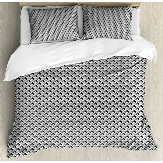 Grey Chevron Duvet Cover Set Queen Size, Geometric Pattern Triangles in Zigzag Shaped Forms Print, Decorative 3 Piece Bedding Set with 2 Pillow Shams, Pearl Charcoal Grey Pale Grey, by Ambesonne