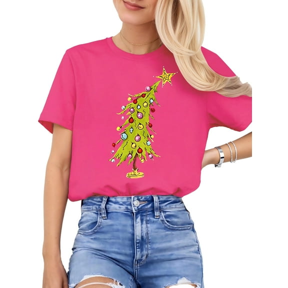 Woman Christmas Tshirt Christmas Tree Graphic Shirt Casual Crewneck Short Sleeve Pink Top