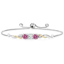 925 Sterling Silver and 10K Yellow Gold Sky Blue Aquamarine Pink Moissanite and White Lab Grown Diamond Tennis Bracelet for Women (1.52 Cttw, Gemstone March Birthstone, Fully Adjustable up to 9 inch)