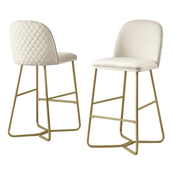 Tabourets de Bar à Dossier Matelassé 29 Pouces Ensemble de 2 en Velours Crème et Base Dorée