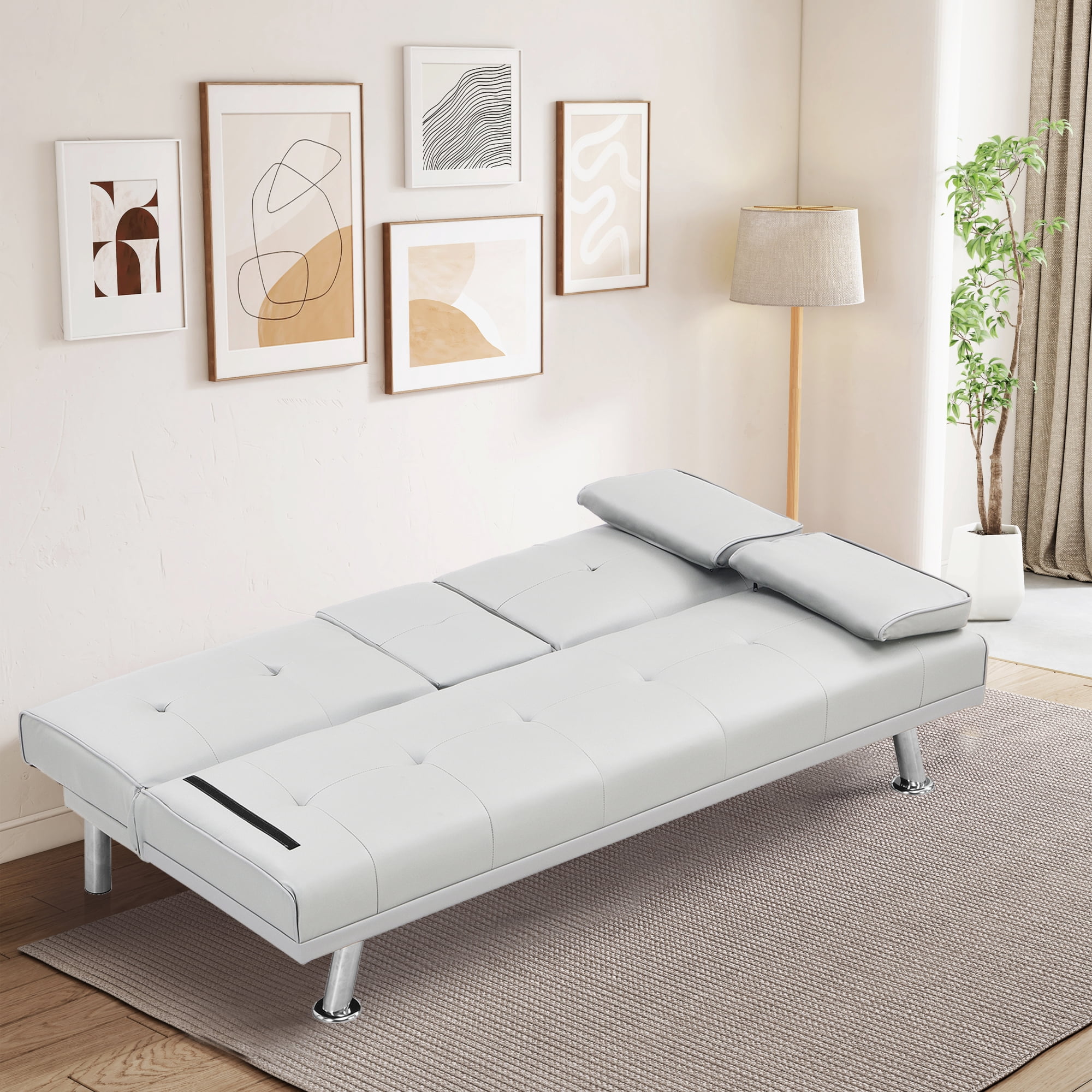 Modern PU Futon with Cupholders and Pillows Leather Sofa Bed,White