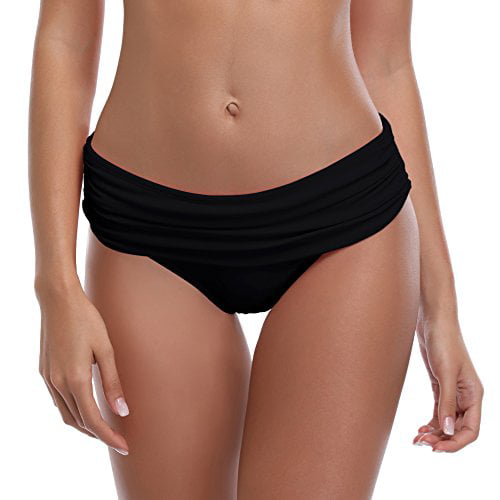 SHEKINI Women's Swimsuit Hipster Black Bikini Bottoms Full Coverage Ruched Mid Waisted Swim Bottoms
