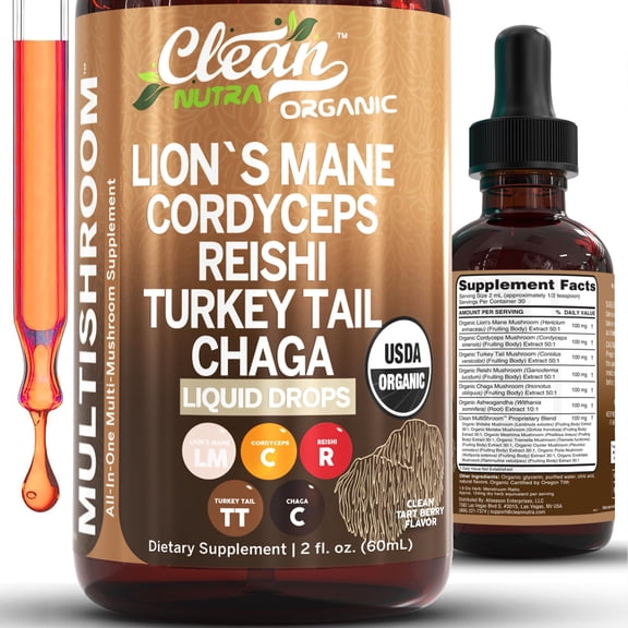 Mushroom Supplement Liquid Drops with Lions Mane, Turkey Tail, Cordyceps, Reishi, Chaga, Shiitake, Maitake, Tremella, Oyster and Poria Mushroom Complex by Clean Nutra