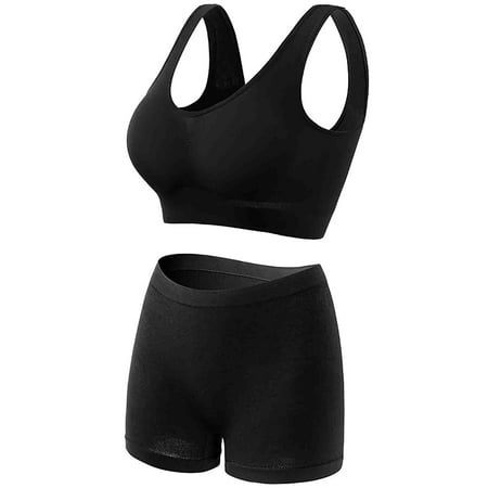 Virmaxy Womens Wirefree Sport Bras Boxer Shorts Set High Impact Workout Gym Activewear Set Workout Gathering Seamless Breathable Sports Underwear Panty Set Black L