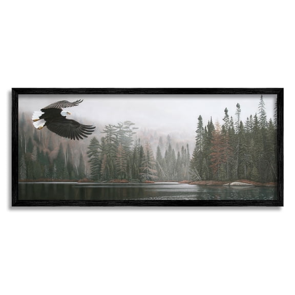 Stupell Industries Eagle Soaring Over Lake Nature Photography Black Framed Art Print Wall Art, 30 x 13
