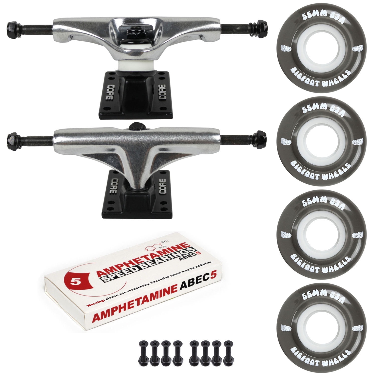 Skateboard Package 5.25 (8.25') Silver Trucks 55mm 83A Black Cruiser Wheels Abec 5