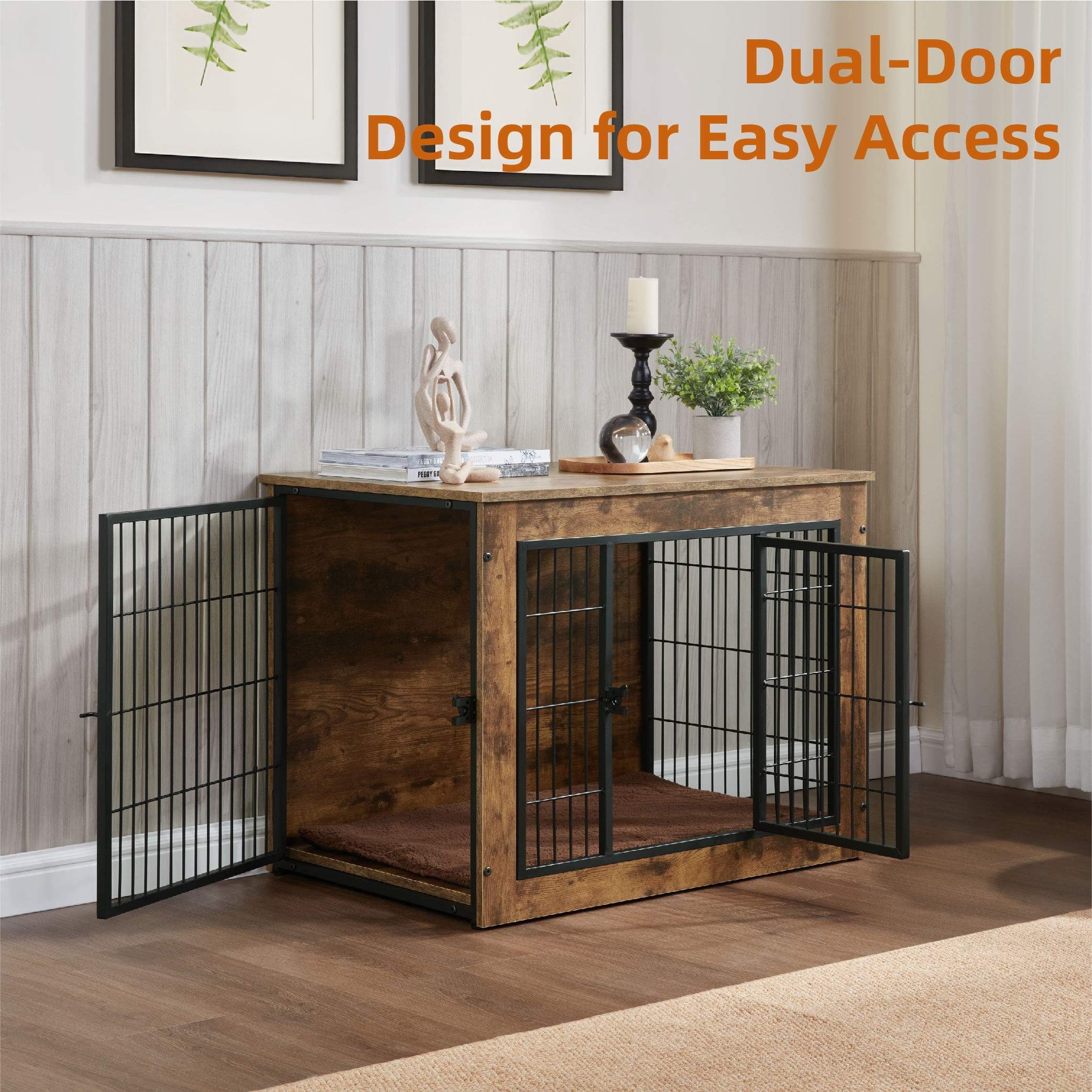 MAYEERTY 40" Wooden Dog Crate Furniture with Cushion, Double Doors for Small/Medium Dogs, Rustic Brown