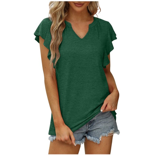 Yuyuzo Hauts d'Été pour Femmes 2025 Col en V Uni Ruffe Manches Courtes Blouse Décontractée Coupe Ample Sortie Tee-Shirts Tunique