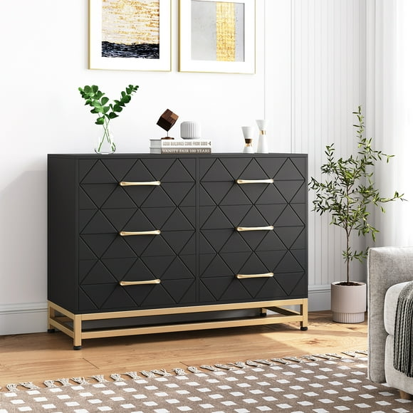 Commode à 6 Tiroirs, Commode à 6 Tiroirs, Grande Armoire de Rangement Commode au Design Moderne avec Base en Métal pour Chambre, Salon, Véranda