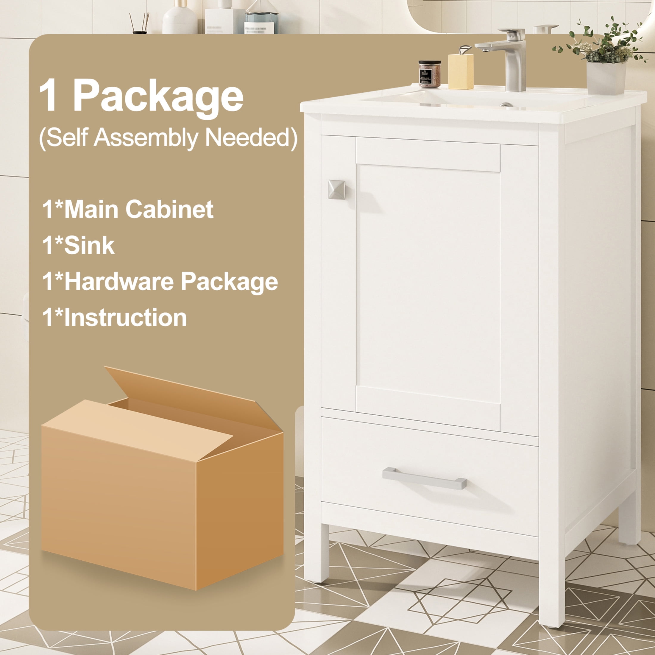 Noble House 20" Modern Bathroom Vanity with Ceramic Sink, Soft Close Drawer & Door, Divider Drawer, White