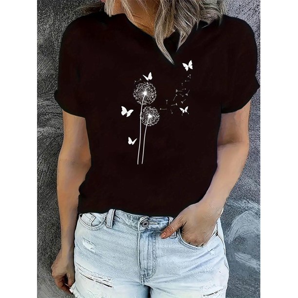 Camiseta de mujer de verano con Cuello RedondoWomen's Casual Dandelion & Butterfly Print T-Shirt - Crew Neck, Short Sleeve, Stretchy Polyester Blend, Machine Washable - Perfect for Summer, Creative,
