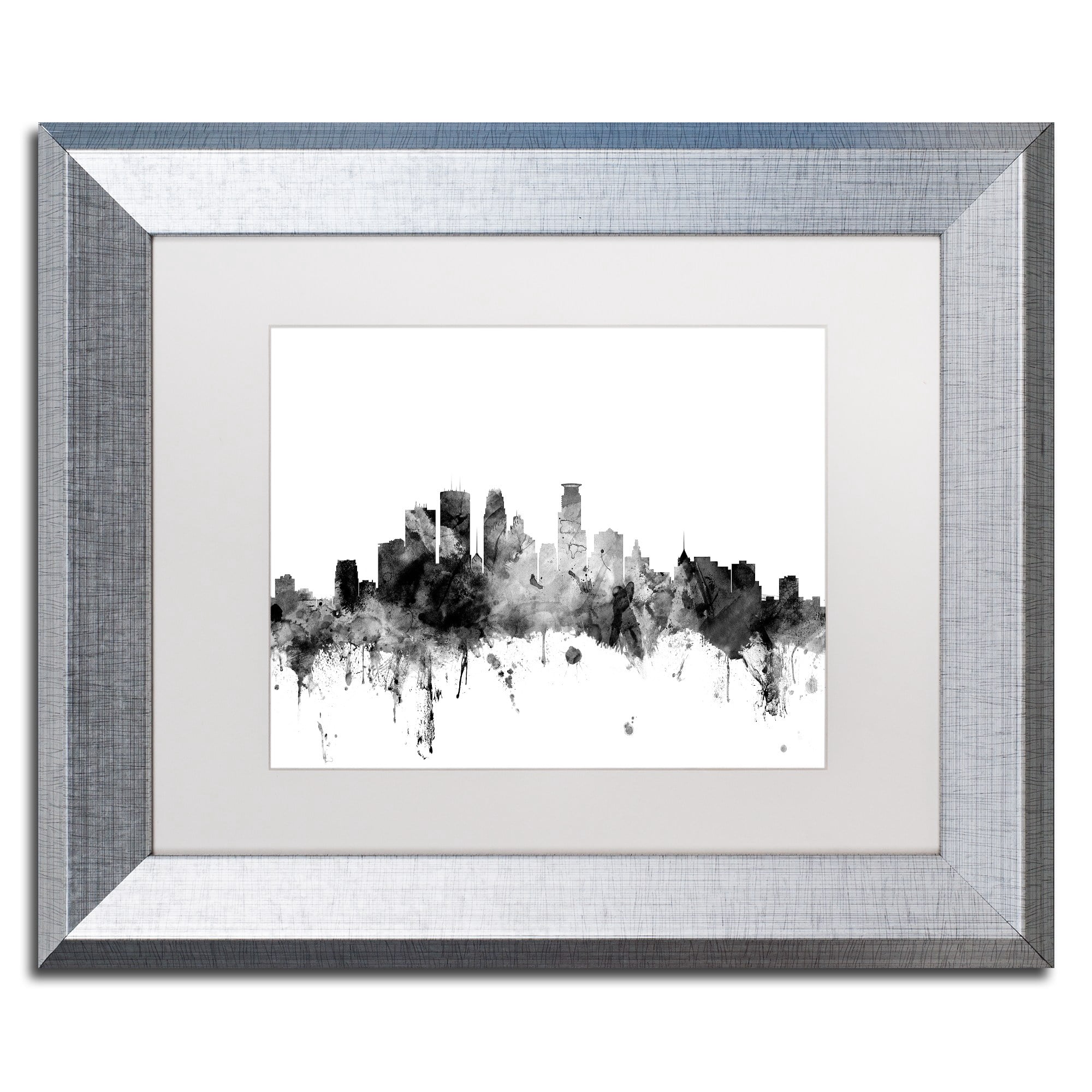Trademark Fine Art "Minneapolis MN Skyline B&W" Canvas Art by Michael Tompsett, White Matte, Silver Frame