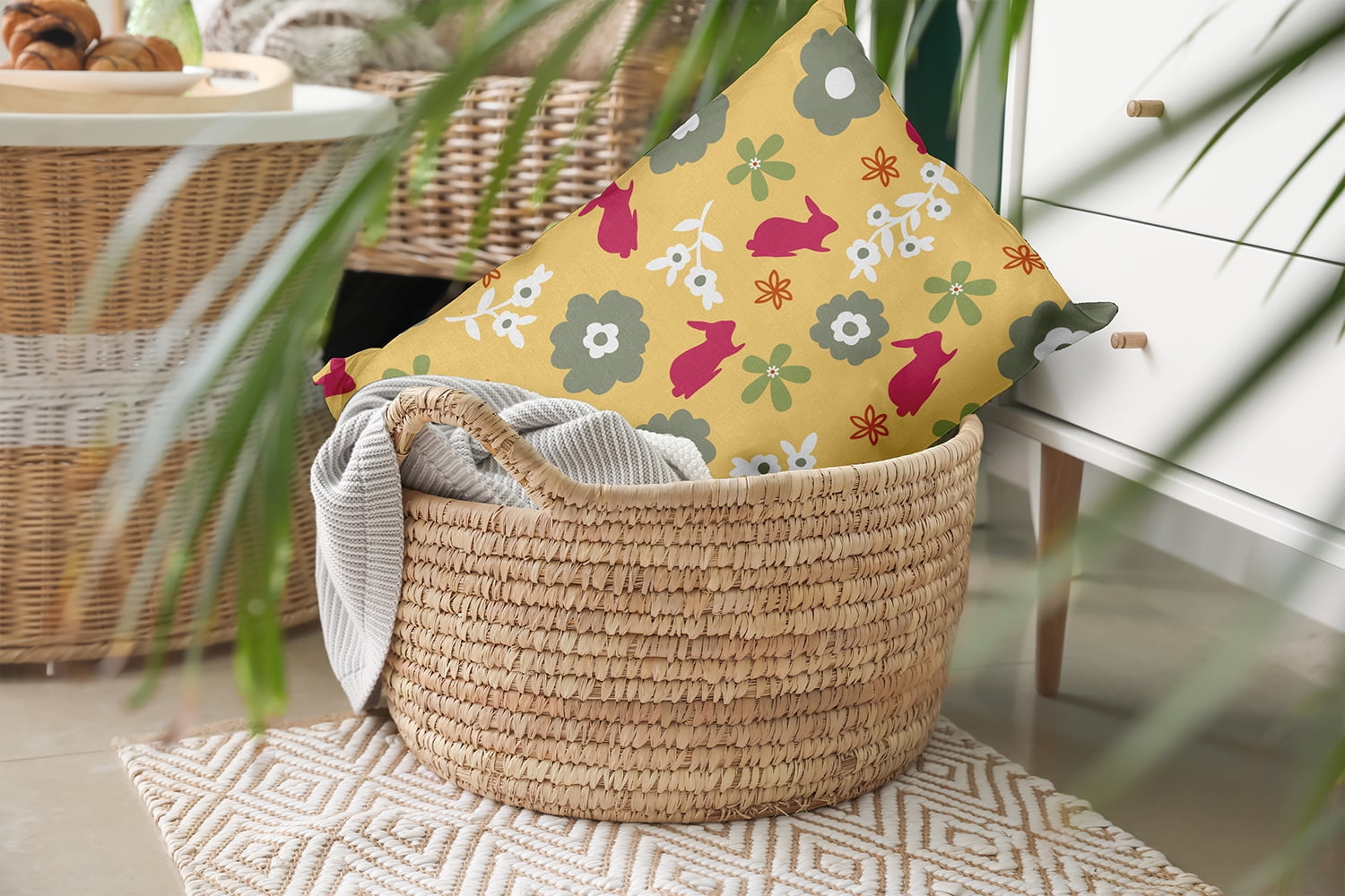 14" x 20" Simply Daisy Flowery Love Bunnies Easter Indoor/Outdoor Pillow, Daffodil Yellow-Pink Qty 1