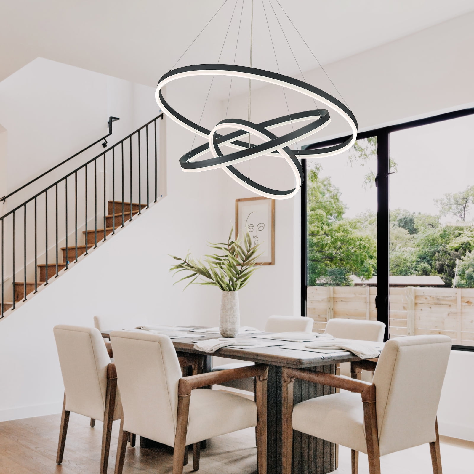 3-Rings Modern LED Chandelier Black, Dimmable Pendant Lighting with Remote Control Circular Flush Mount High Ceiling Light for Living Room Dining Room Foyer, 3000K-6500K D31.5"