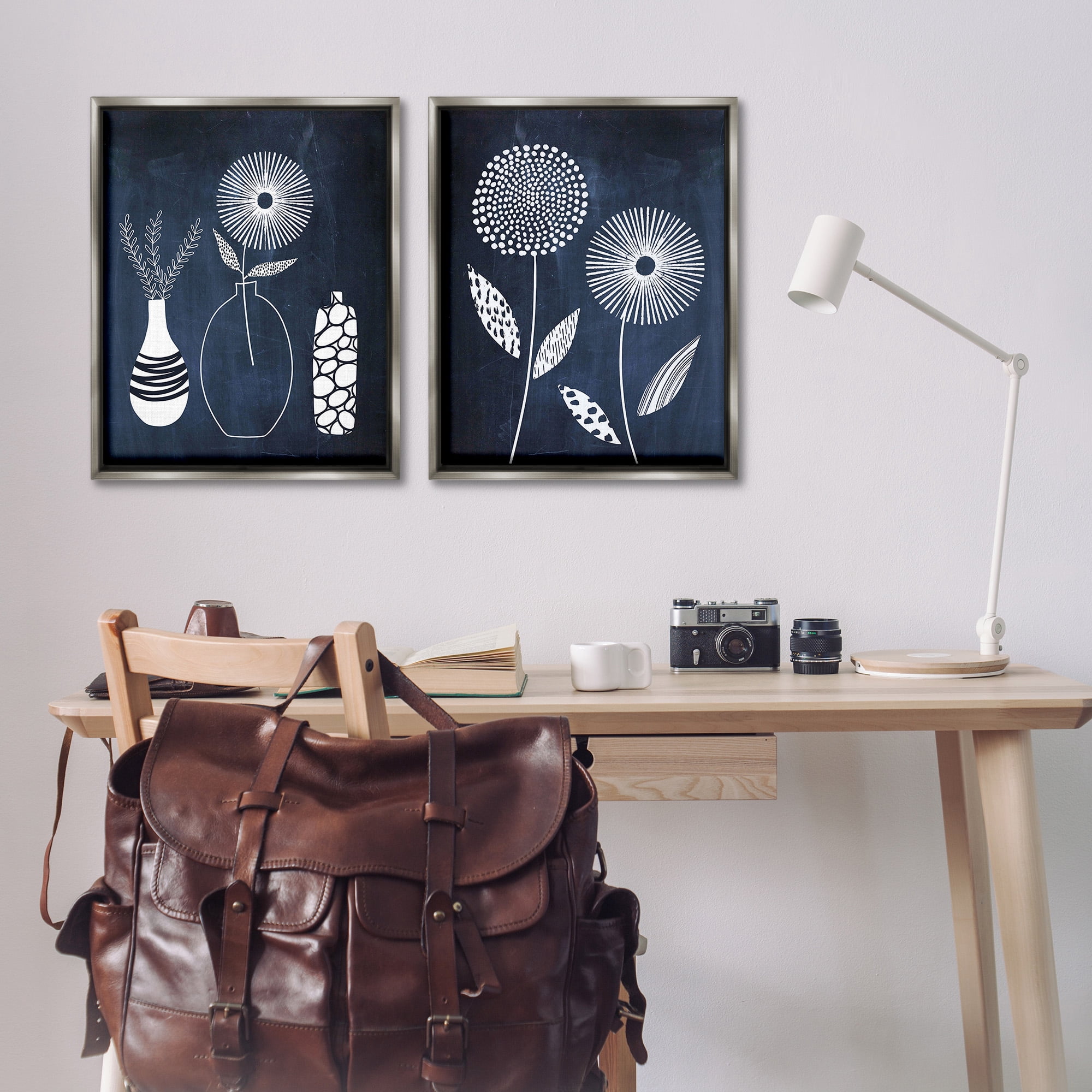 Stupell Industries Structured Flowers on Blue Botanical & Floral Painting Gray Floater Framed Canvas Art Print Wall Art, 25 x 31, Set of 2
