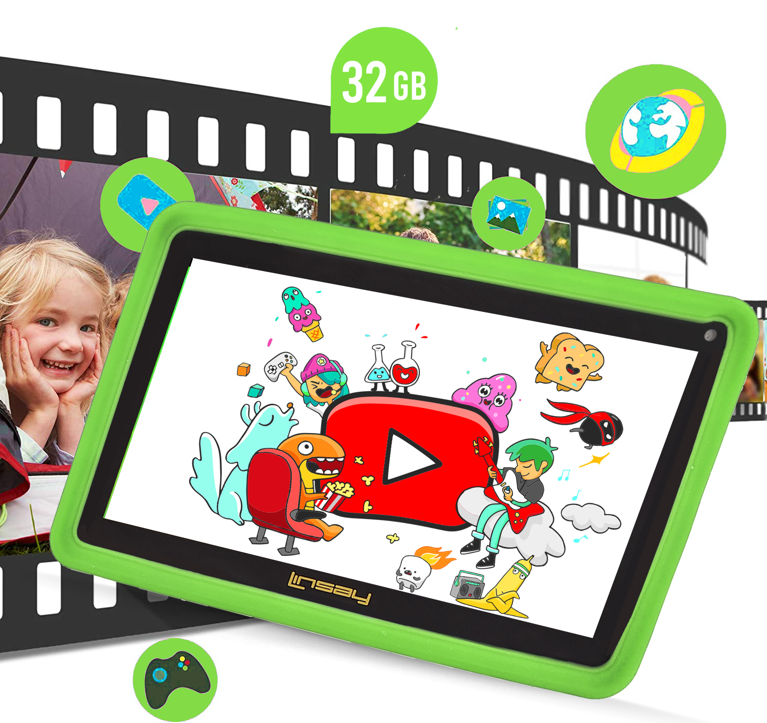 LINSAY 7" Kids Tablet 2GB RAM 32GB Android 12 WiFi Tablet for Children, Camera, Apps, Games, with Green Kid Defender Case LED Book Pack - image 7 of 7