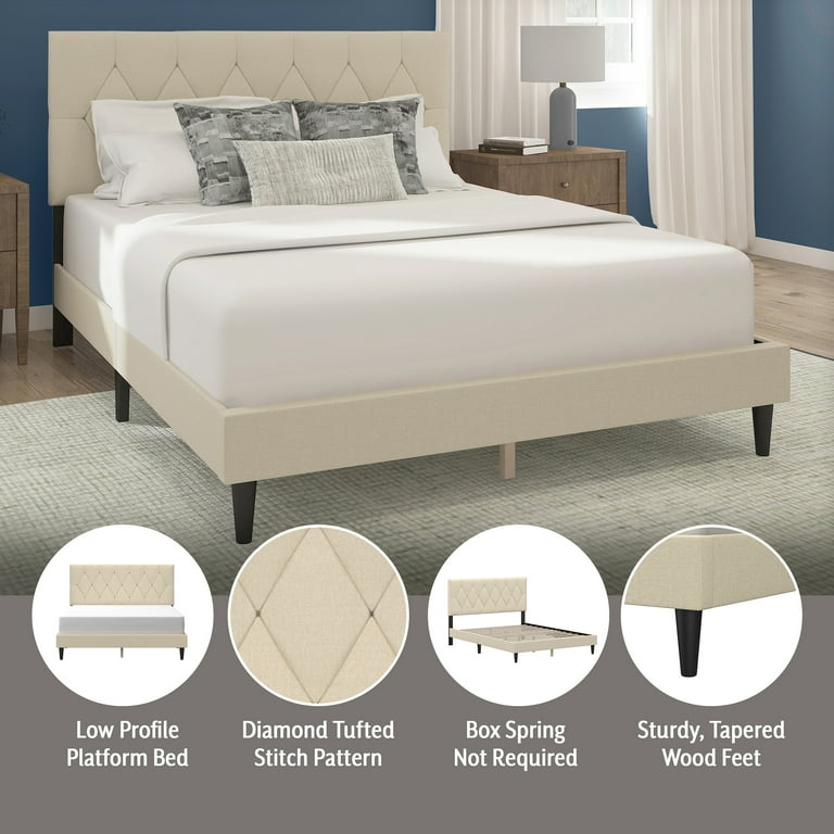 Mainstays Hillside Diamond Tufted Upholstery Fabric Queen Platform Bed Ivory