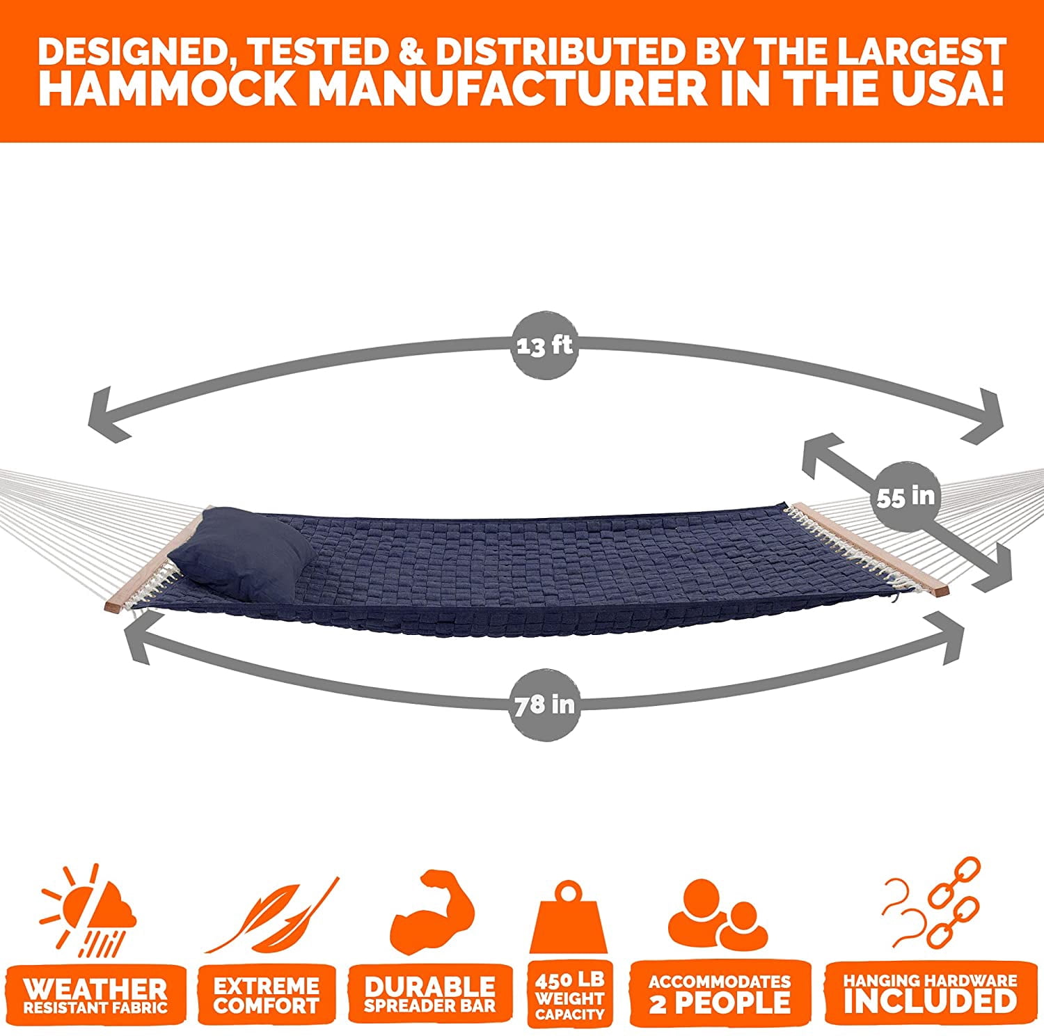 Castaway Living 13 ft. Large Navy Soft Weave Hammock with Pillow, Free Extension Chains, Tree Hooks & Storage Bag