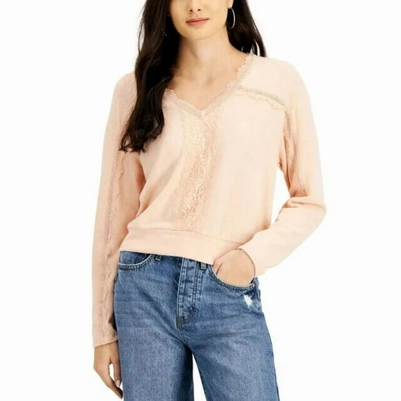 Self Esteem Women's Juniors Lace-Trim V-Neck Top Pink B4HP (Regular,L)