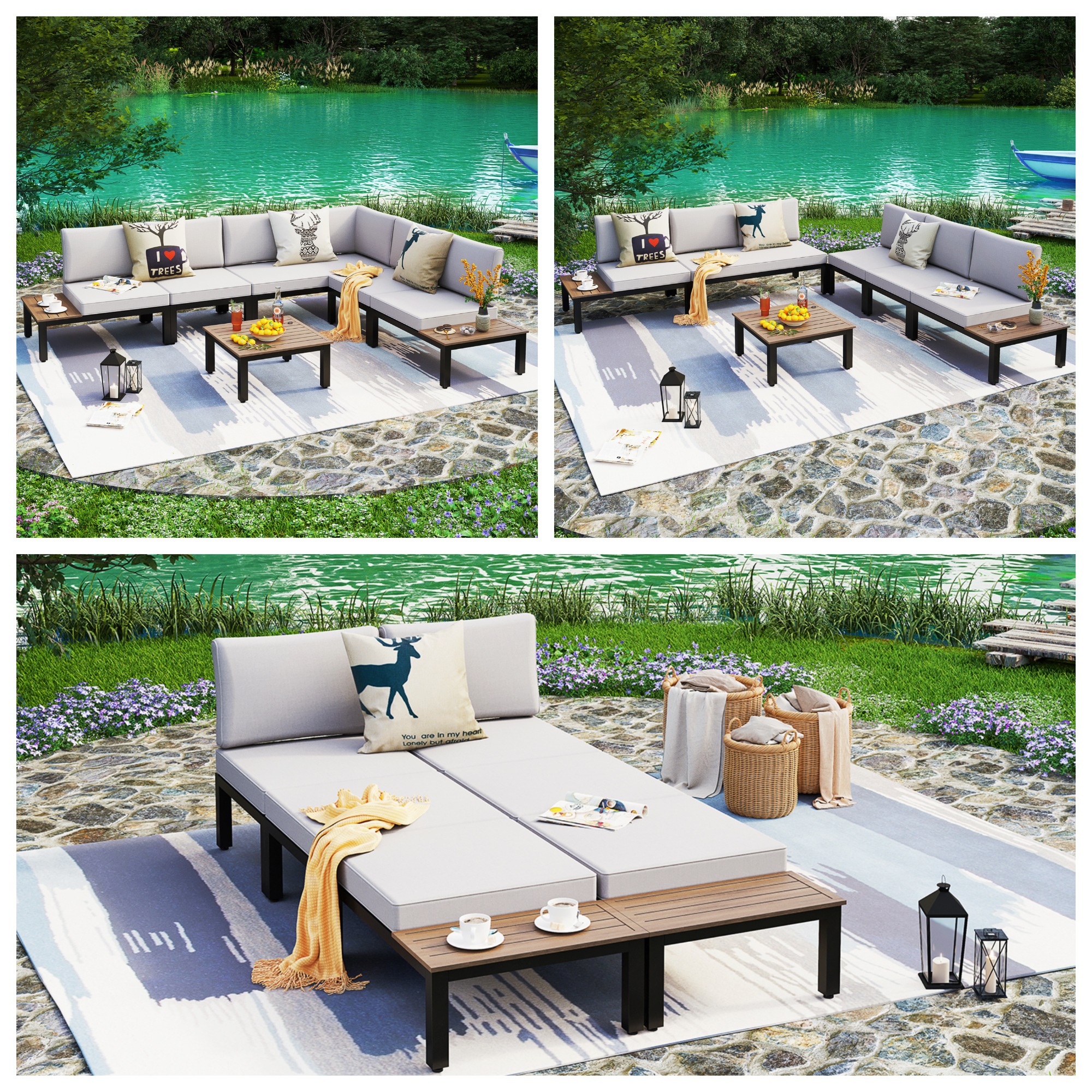 AECOJOY 6-Piece Outdoor Patio Sectional Set With 2 Storage Box Tables - Gray Steel