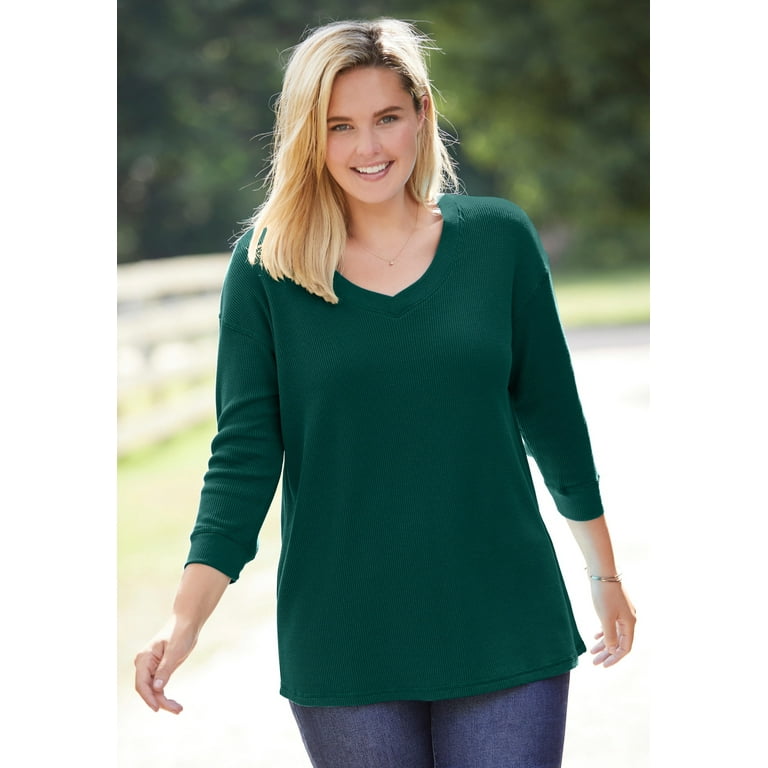 Woman Within Women's Plus Size Three-Quarter Sleeve Thermal Sweatshirt  Sweatshirt