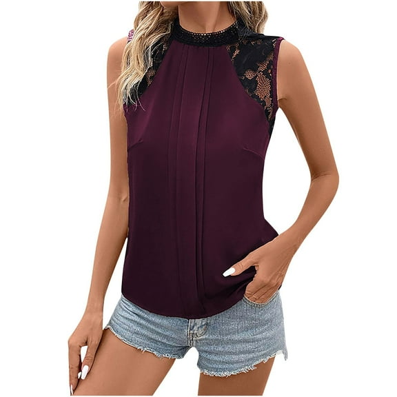 fatyb Women's Lace Mock Neck Sleeveless Tops Patchwork Elegant Tank Top Pleated Dressy Trendy Shirts