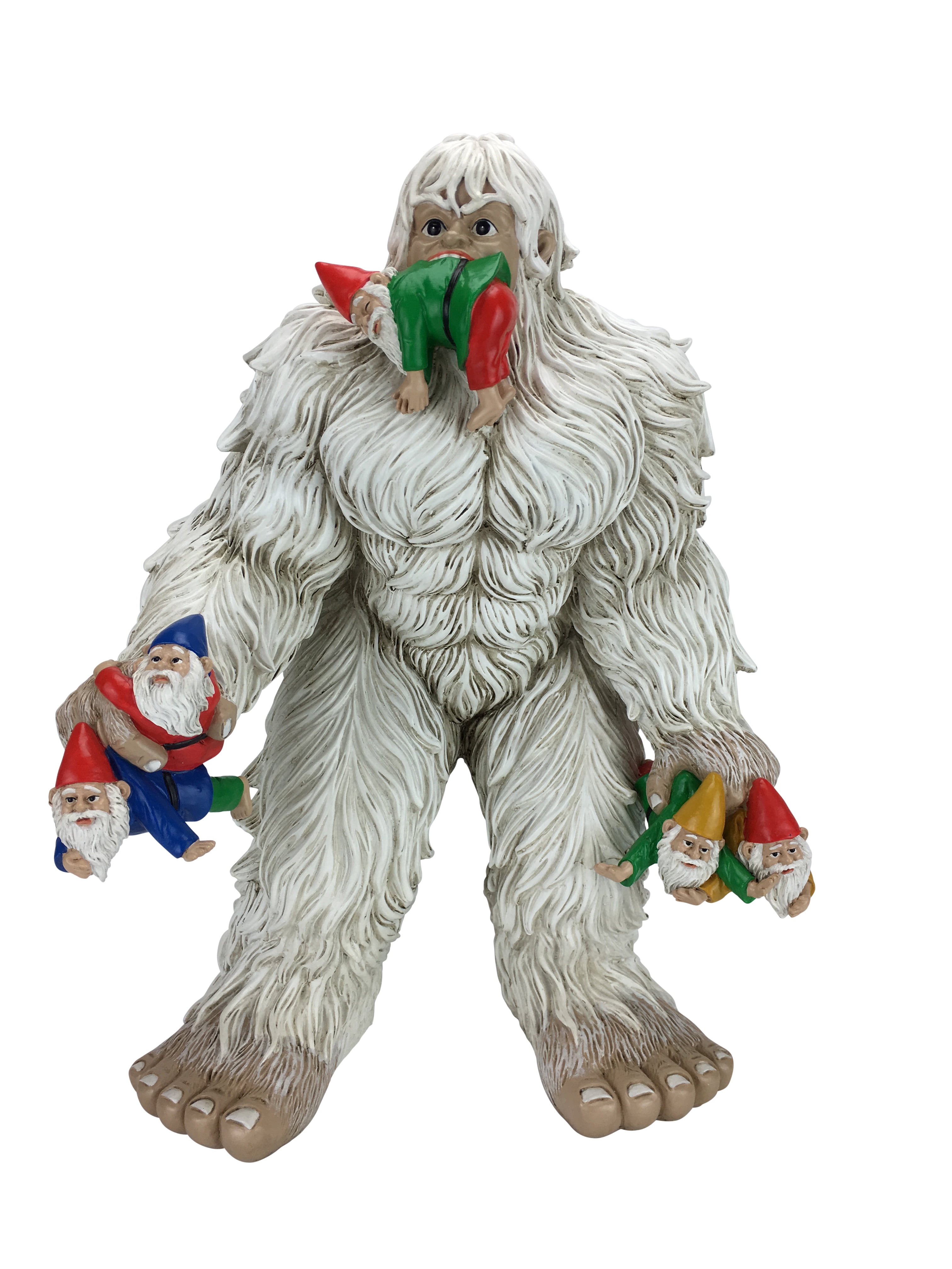 Large White Yeti Holding Colorful Gnomes Garden Figurine