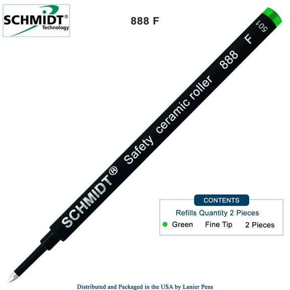Schmidt 888 Green 2-Pack Safety Ceramic Rollerball Refill, Ceramic Tip Plastic Tube, 0.6mm Fine Point