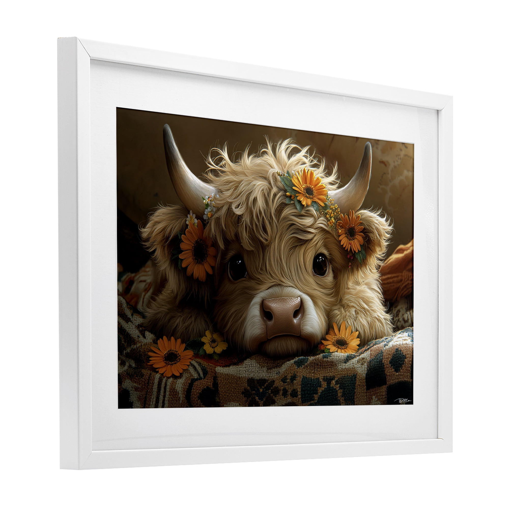 Adorable Flower Bedecked Cattle White Framed Print Under Glass, design by Momart