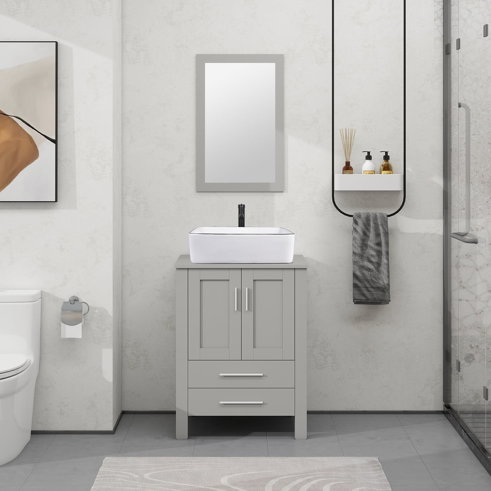ELECWISH 24-Inch Bathroom Vanity in Gray with Mirror and Rectangle Sink Set, Modern Stand Pedestal Cabinet with White Ceramic Sink Set
