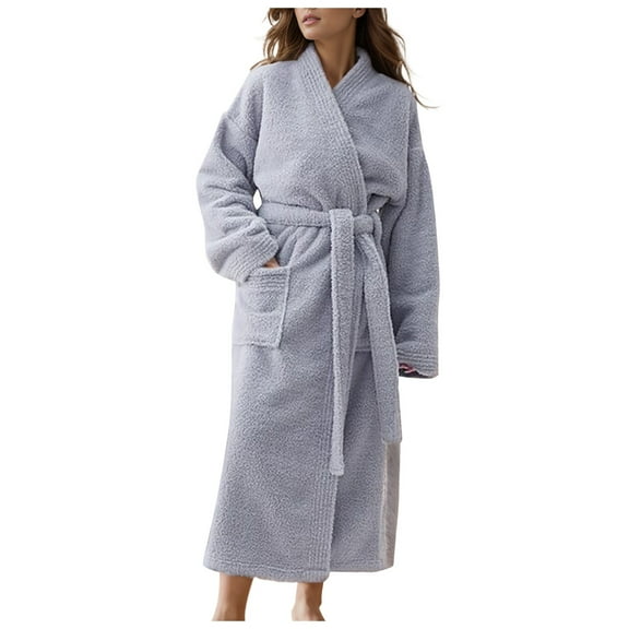 Hifoo Women Ladies Autumn Winter Velvet Padded Robe Lengthened Bathrobe Fashionable Solid Color Sleepwear