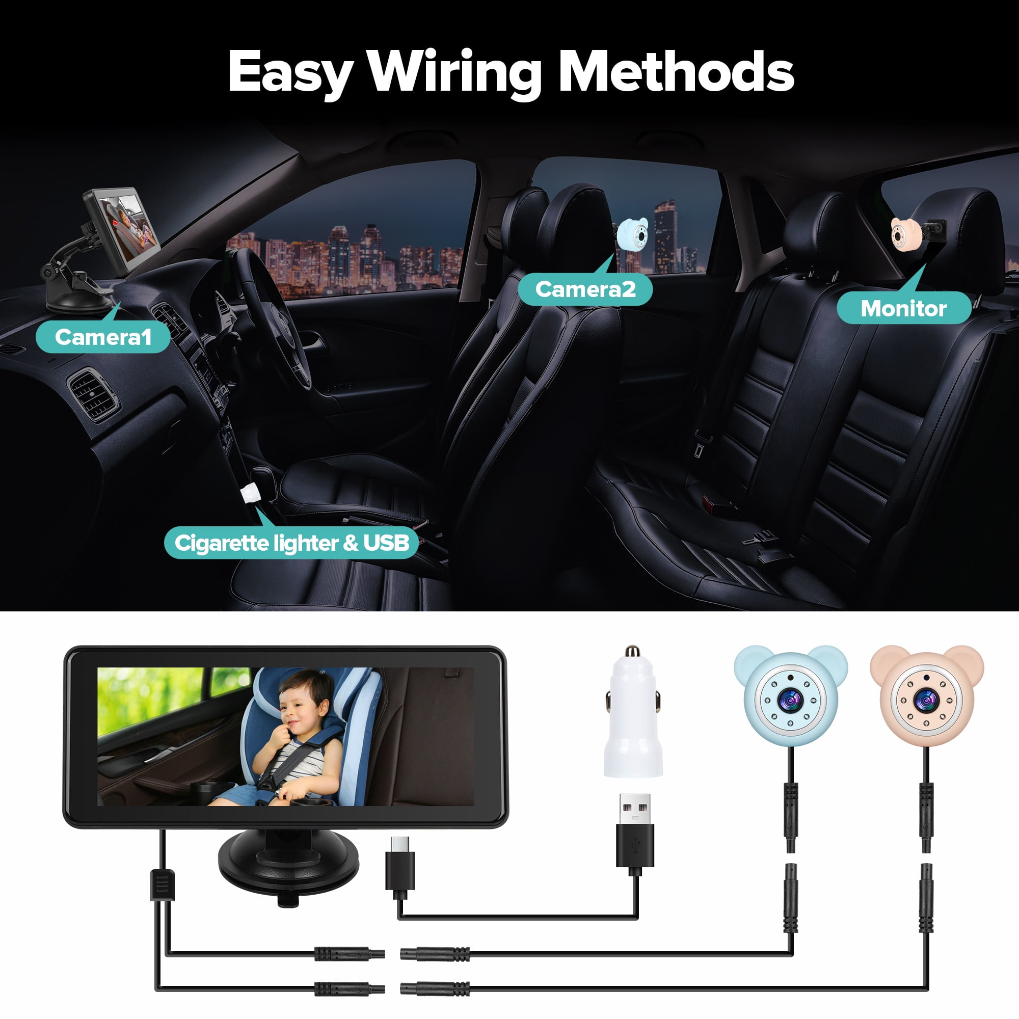 Baby Car Camera Backseat,6.86" Display Monitor,HD 1080P,Clear Wide View,IR Night Vision,Rear Facing Seat Camera for 2-Kids