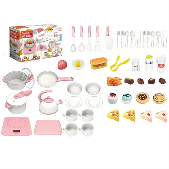 VALESSATI Pink Kids Kitchen Set 55-Piece Pretend Play Cooking Set with Sounds & Music, Ages 3 