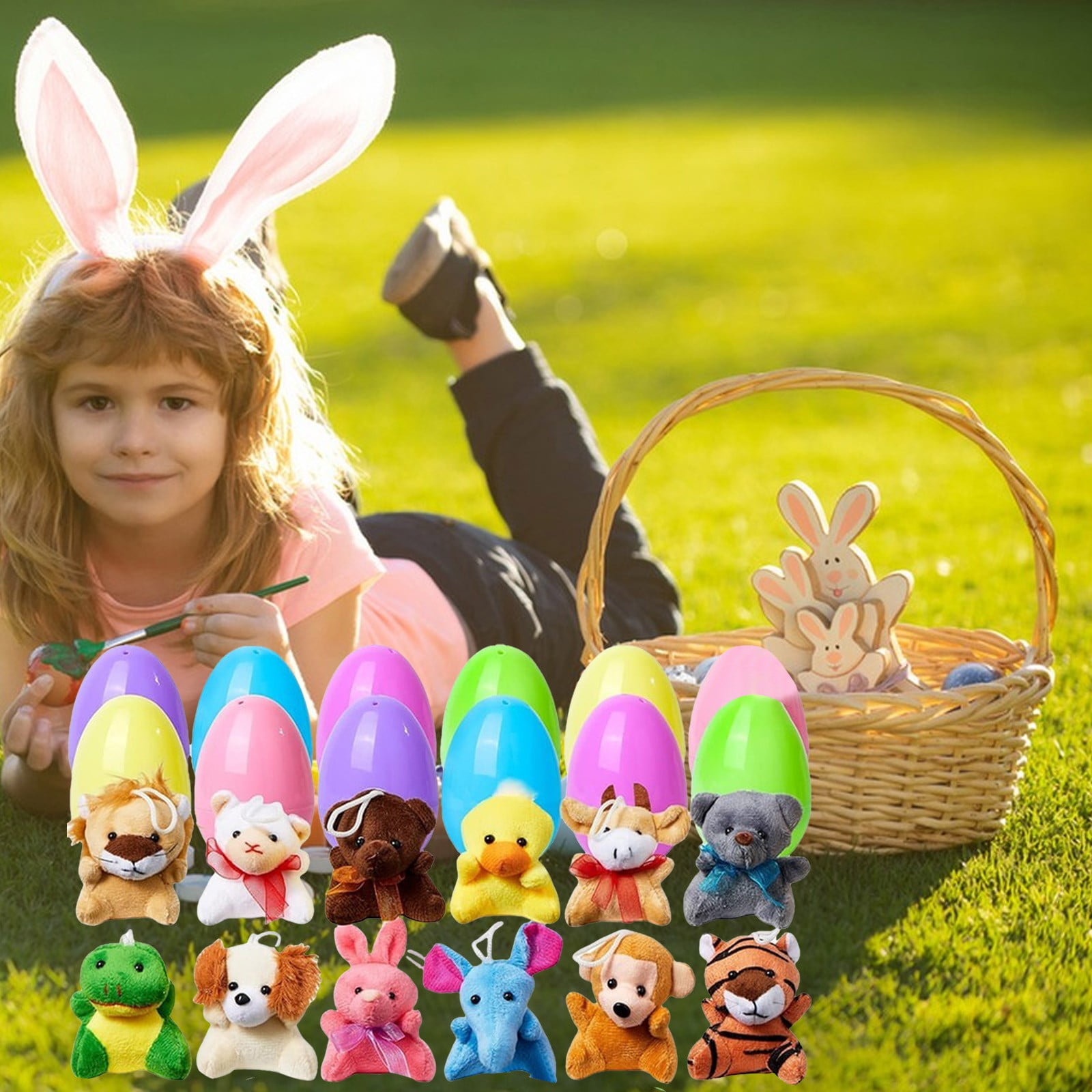 24 Pack Prefilled Easter Eggs of Mini Stuffed Animal Plush Toys Baster Stuffer Filler for Kids Easter Egg Hunt Game, Classroom Prize Supplies